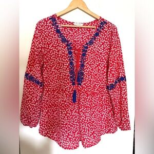 Solitaire Top Womens | Sz Large | Red and‎ White Floral |Embroidered | L Sleeve